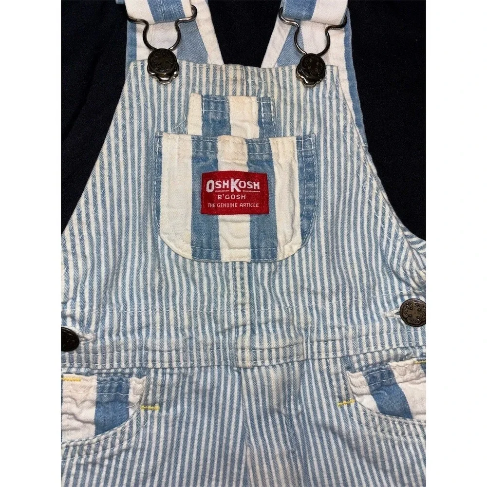 OshKosh B'gosh Overalls Boys 3T Blue White Hickory Stripe Short Bib Vtg vestback